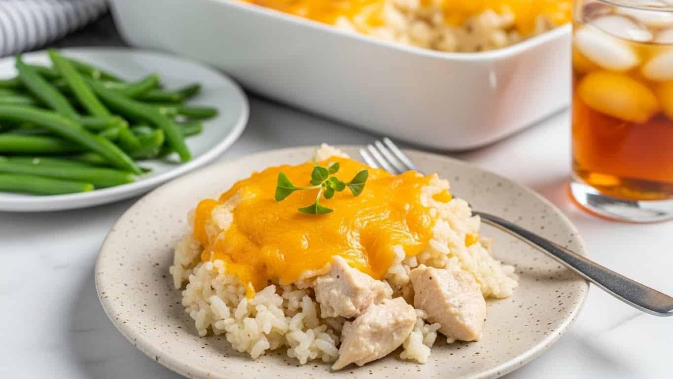 This image shows a close-up of a baking dish filled with creamy risotto and browned chicken pieces. The dish has a golden, slightly crispy top with melted cheese that is bubbly and dark in some spots. The risotto underneath looks soft and moist, with a light yellow color. There are small green herb sprigs scattered on top, adding a touch of freshness. A large silver spoon rests to the side on a white marbled surface, with part of a white cloth visible next to the dish. photo taken with an iphone --ar 4:5 --v 7