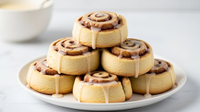 A white plate holds a stack of six cinnamon rolls arranged in a slight pyramid shape, each roll showing thick swirls of light golden dough layered with darker cinnamon filling; the rolls are topped with a creamy white glaze that glistens and drips slightly over the edges, creating a shiny finish. The background shows a blurred white bowl with a creamy substance, set on a white marbled surface. photo taken with an iphone --ar 4:5 --v 7