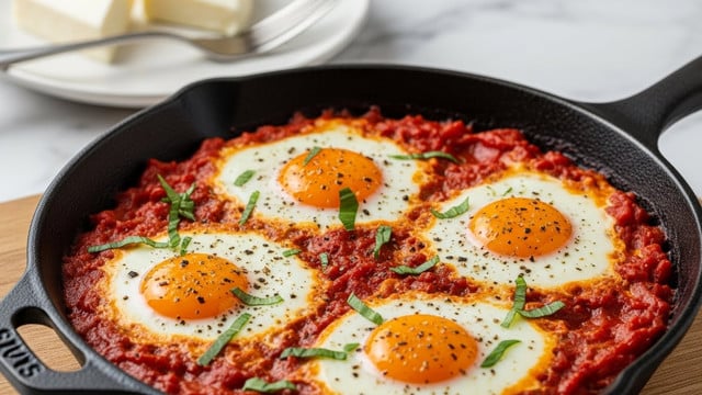 A black cast iron pan holds a dish with four cooked eggs on top of a thick red tomato sauce base. The eggs have bright orange yolks partly covered with white, sprinkled with black pepper and fresh green herbs scattered across the sauce and eggs. The pan sits on a wooden board with a blurred white plate in the background holding two triangular pieces of white cheese and a fork. The whole scene uses a white marbled surface as background. photo taken with an iphone --ar 4:5 --v 7