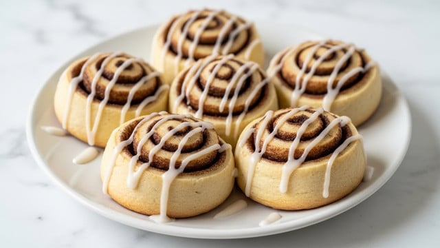 A white plate holds five cinnamon rolls, each thick and soft with a light golden-brown dough base. The rolls have a spiral shape with dark brown cinnamon sugar layers that provide a warm contrast to the dough. On top is a glossy, white glaze that looks smooth and slightly sticky, drizzled in thin lines following the spirals. The white marbled surface under the plate adds a clean and simple background, letting the cinnamon rolls stand out clearly. photo taken with an iphone --ar 4:5 --v 7