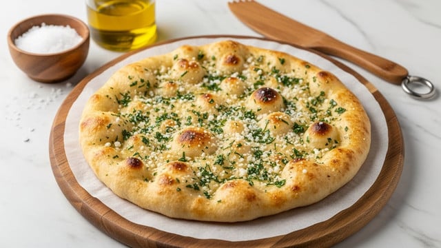 A single round flatbread with a golden-brown crust rests on a wooden board against a white marbled background. The flatbread has an uneven surface with puffy, toasted bubbles and is topped with a layer of finely chopped green herbs evenly spread across. A light sprinkle of flaky salt crystals and grated white cheese dust the surface, adding texture and contrast to the warm, golden tones of the bread. Nearby, a small wooden bowl filled with coarse salt, a glass jar of olive oil, and a wooden spreader with a metal ring detail lean casually against the board. Photo taken with an iphone --ar 4:5 --v 7