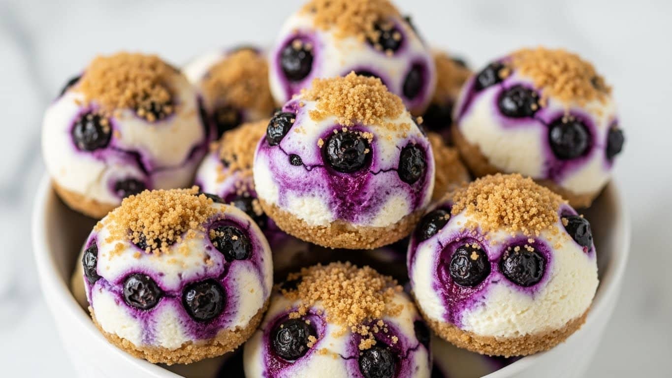 A close-up view of a bowl filled with about a dozen round, creamy yellow balls studded with whole dark purple blueberries. Each ball has a textured surface with a caramelized golden-brown crust and small crispy bits, giving them a slightly crunchy look. The balls are piled together forming a small mound inside a white bowl, and the background is a white marbled texture. The lighting highlights the shiny, smooth, and crispy parts of the balls, making them appear freshly cooked and appetizing. photo taken with an iphone --ar 4:5 --v 7