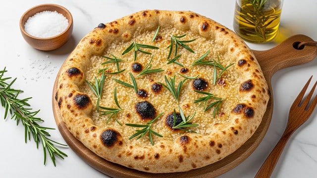 A round flatbread with a thick, golden-brown crust that has darker toasted spots, covered with a topping of fresh green rosemary leaves scattered evenly across the surface, and a dusting of white grated cheese or salt crystals. The bread rests on a wooden cutting board placed on a white marbled surface, with a small wooden bowl of coarse salt nearby and a glass bottle of olive oil with a sprig of rosemary inside. A wooden kitchen fork is also visible on the side. photo taken with an iphone --ar 4:5 --v 7