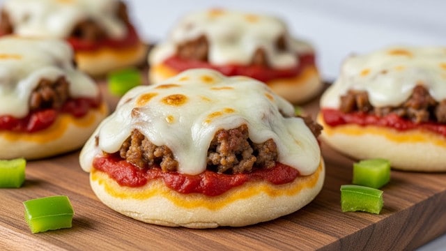 Small round mini pizzas are placed on a wooden board with a white marbled texture in the background. Each mini pizza has three visible layers: the bottom is a light golden, soft dough crust, the middle layer is a rich red tomato sauce that slightly spills over the edges, and the top layer is a mix of cooked ground meat and melted, lightly browned white cheese that drapes over the sides with gooey texture. Small pieces of bright green bell pepper are scattered around the pizzas on the board. The focus is on the closest pizza, showing the cheese bubbles and meat texture clearly. Photo taken with an iphone --ar 4:5 --v 7