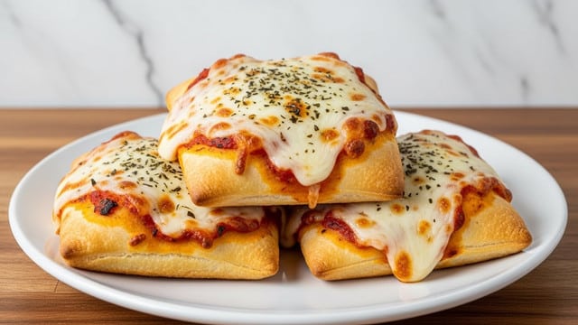 A white plate holds three square pizza pockets stacked in a pyramid shape. Each pocket has a golden-brown crust with melted mozzarella cheese covering the top, speckled with black dried herbs. The edges are crispy, and small hints of red tomato sauce peek out from underneath the cheese. The plate sits on a wooden surface with a white marbled texture background blurred softly behind. Photo taken with an iphone --ar 4:5 --v 7