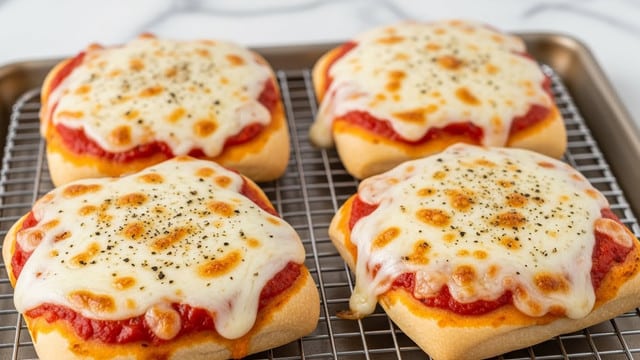 The image shows four square-shaped mini pizzas resting on a metal cooling rack over a baking tray. Each mini pizza has a golden-brown crust that is thick and slightly puffy on the edges. The bottom layer is a bright red tomato sauce spread evenly across the dough. On top of the sauce is a thick layer of melted mozzarella cheese, creamy white with browned spots, showing bubbling and stretching texture. The cheese covers the entire top surface with a few spots sprinkled lightly with black pepper. The background features a white marbled texture. photo taken with an iphone --ar 4:5 --v 7
