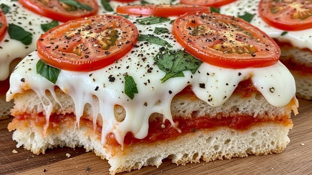 The image shows a slice of bread-based pizza with about four visible layers: the bottom layer is a crust of golden-brown bread, slightly thick and airy; next is a layer of bright red tomato sauce spread evenly; above it, a thick layer of melted white cheese, browned in spots with some bubbling and stretching; on top, slices of fresh red tomatoes and scattered green herbs, with black pepper and seasoning sprinkled over the entire surface. The pizza slice is placed on a wooden board with a small bite taken out from the front edge. photo taken with an iphone --ar 4:5 --v 7