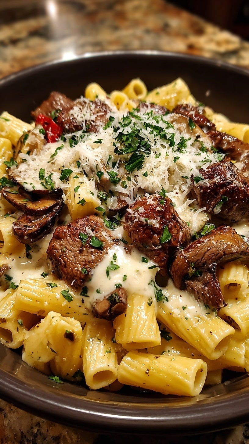 Steak Bites and Shell Pasta in Garlic Butter Alfredo Sauce Recipe - Recipe Image