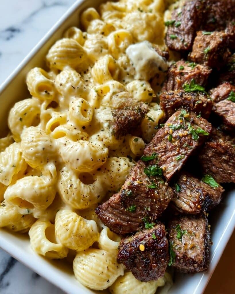 Steak Bites and Shell Pasta in Garlic Butter Alfredo Sauce Recipe