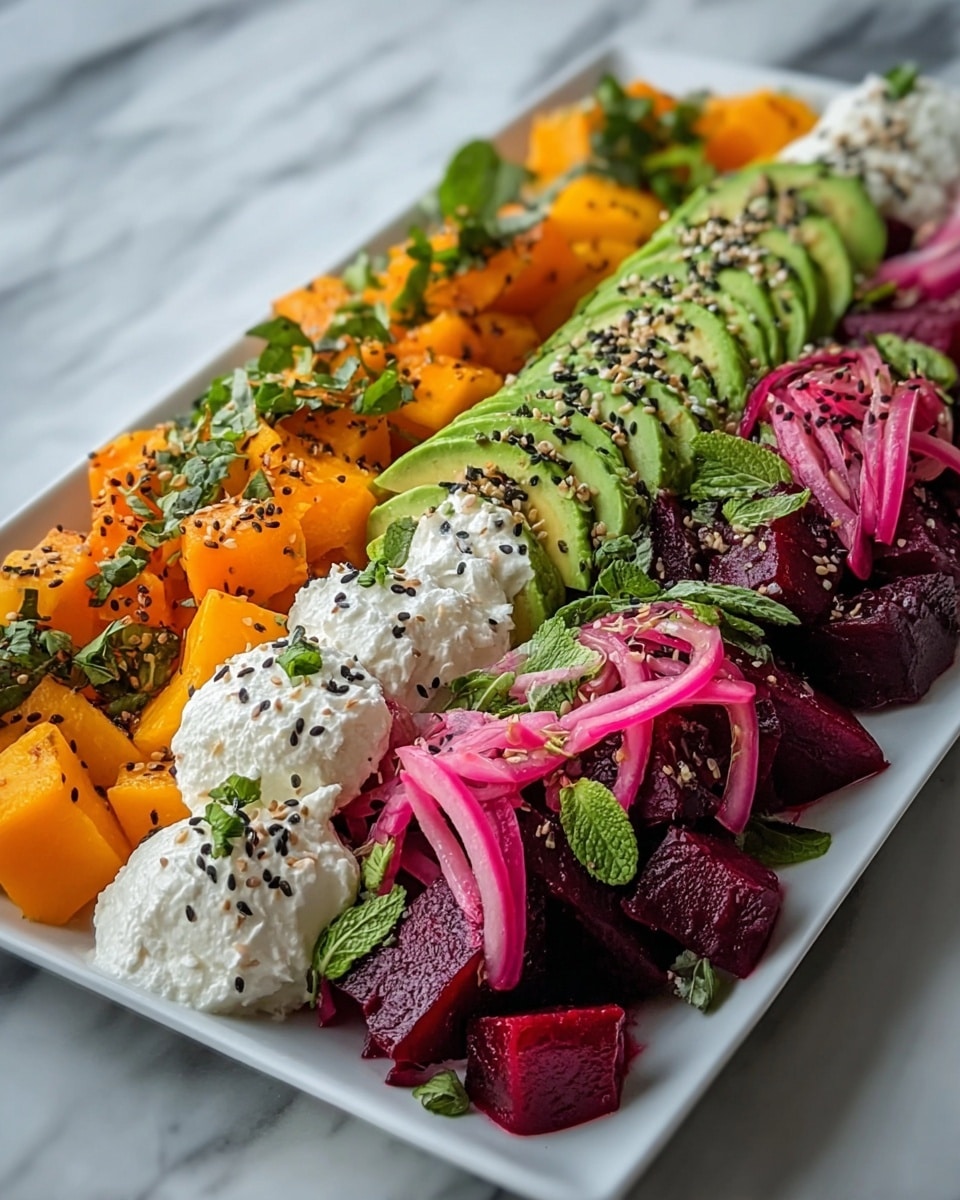 Roasted Beet, Sweet Potato & Avocado Salad with Whipped Ricotta and Lemon-Tahini Drizzle Recipe - Recipe Image