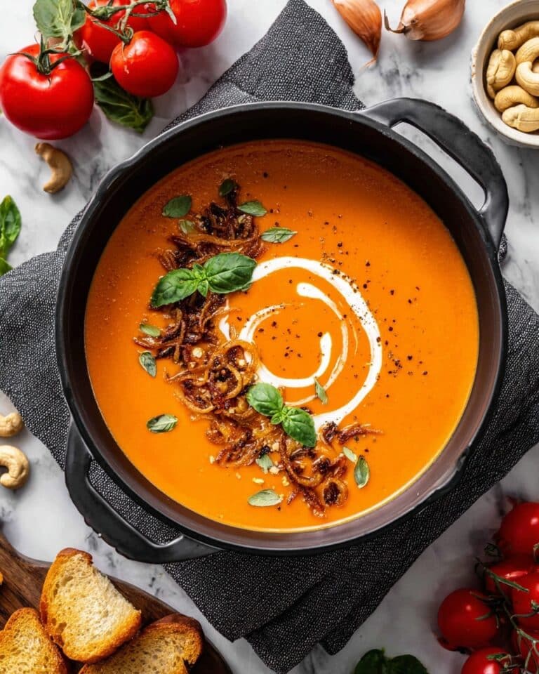 Creamy Tomato Soup with Toasted Cashews, Crispy Shallots, and Thai Basil Recipe