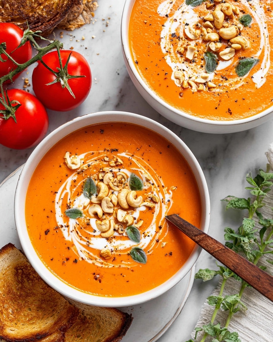 Creamy Tomato Soup with Toasted Cashews, Crispy Shallots, and Thai Basil Recipe - Recipe Image