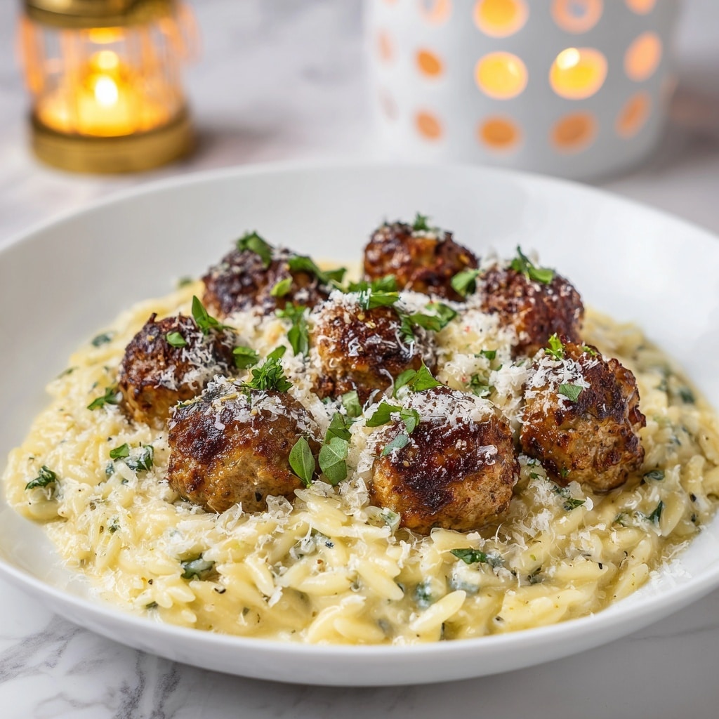 Baked Chicken Ricotta Meatballs with Creamy Spinach Orzo Recipe - Recipe Image